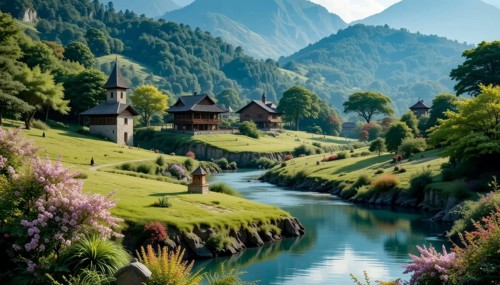 A tranquil scene of a village nestled along a calm river, framed by lush greenery and rolling hills