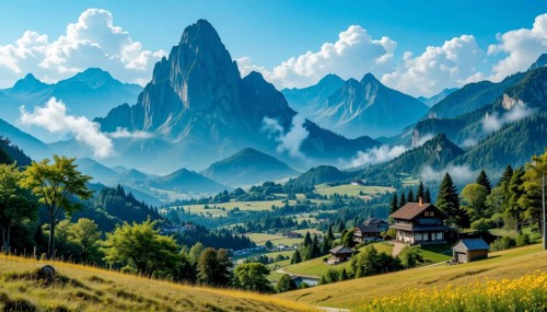 A scenic mountain vista with rolling green hills, charming homes, and a vibrant blue sky dotted
