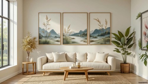 A serene living room featuring a neutral palette, a comfortable sofa, wooden furniture, and framed