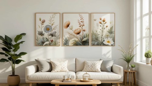 A cozy living room featuring a white sofa, floral artwork, and a large potted plant. The room is