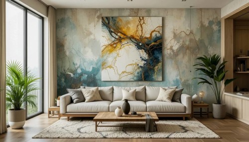 A cozy living room is bathed in natural light, featuring a modern aesthetic with a stylish sofa,