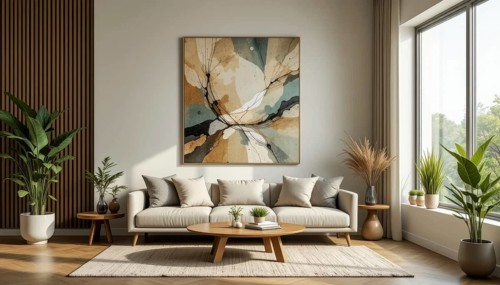 A modern living room showcasing a beige sofa, round coffee table, abstract art, and large windows