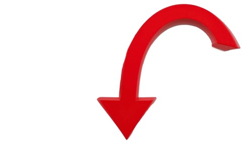 A vibrant, red, downward-pointing arrow in a curved shape against a clean white background,