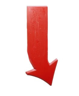 A glossy red arrow pointing downwards, isolated on a white background. The arrow's design is