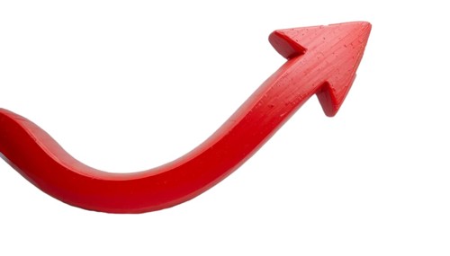 A red arrow pointing upwards, symbolizing growth, progress, or direction, isolated against a white