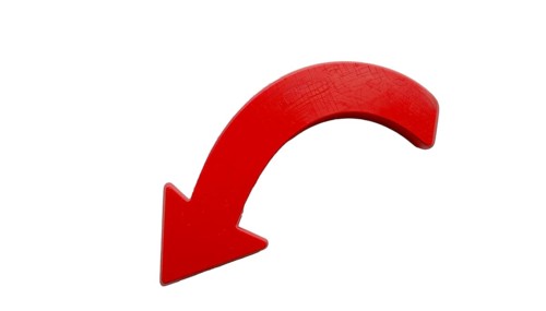 A vibrant red, curved arrow pointing downwards against a clean white background, perfect for