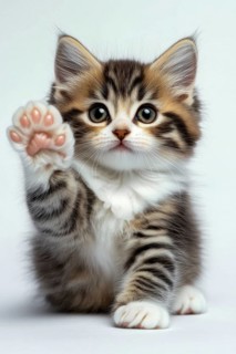 A charming kitten waves its paw towards the viewer, looking adorable with its fluffy fur and