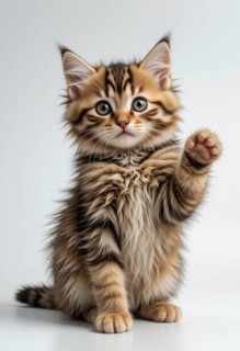 Adorable kitten raises a paw, looking curious and playful against a white background. Its fluffy
