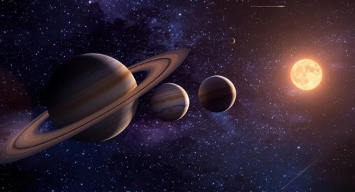A stunning cosmic scene featuring planets, celestial bodies, a glowing sun, and a backdrop of a