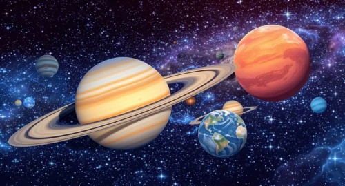 A vibrant depiction of our solar system, showcasing the planets against a stunning backdrop of