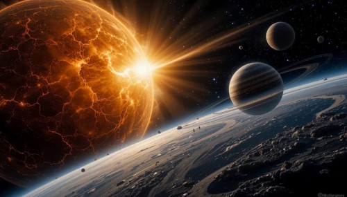 A stunning space scene featuring a fiery planet erupting with light, surrounded by other celestial