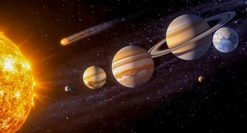 A stunning depiction of the solar system, showcasing planets, the sun, a comet, and a star-filled