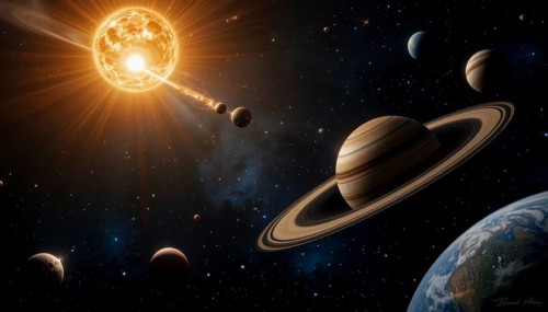 A vibrant digital art piece showcasing planets, stars, and a bright sun amidst a vast space scene,