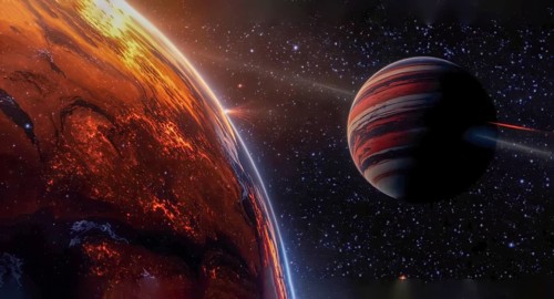 Dramatic space scene features a fiery planet and a gas giant against a starry backdrop, creating a