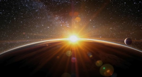 A vibrant sunrise over an alien planet with stars and a moon in the cosmic expanse, creating a