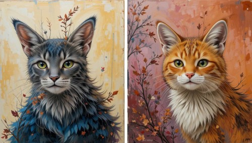 A stunning artistic diptych features portraits of two cats, one gray and one orange, adorned with