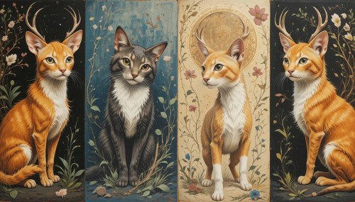 A captivating artwork showcasing four elegant cats, each adorned with antlers, in a serene,