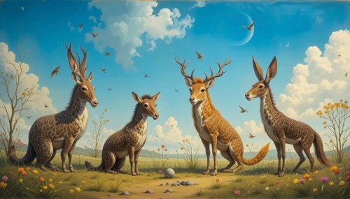 A surreal painting depicts four fantastical creatures with deer-like features in a whimsical meadow