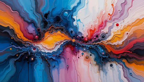 An abstract artwork showcasing a vibrant explosion of colors with flowing, layered textures and