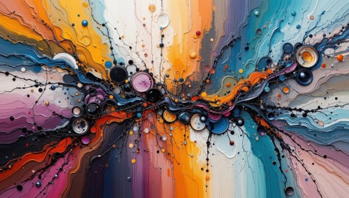 An abstract painting showcasing a vibrant explosion of colors, flowing lines, and textured details.