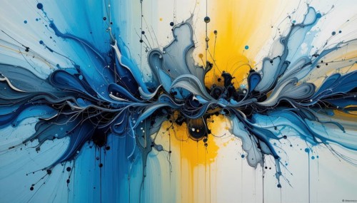 Abstract painting featuring fluid shapes and colors, evoking a sense of motion and artistic