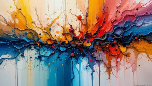 Abstract artwork featuring a dynamic explosion of colors and textures, blending artistic expression
