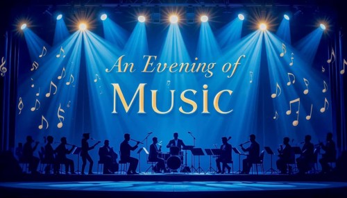 A stage featuring a musical performance with an orchestra, spotlights, and musical notes, creating