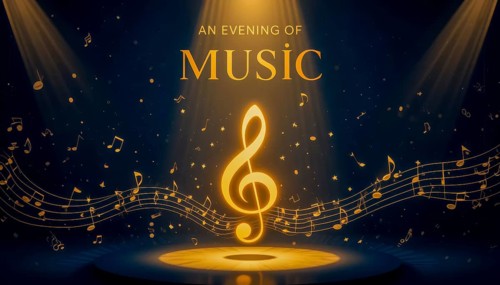 A vibrant poster for an evening of music, featuring a golden treble clef under spotlights with
