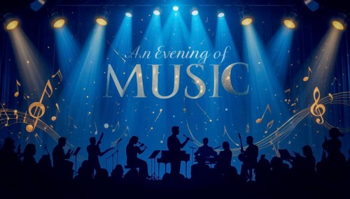 An artistic illustration depicting a musical performance. The stage is illuminated, with musicians