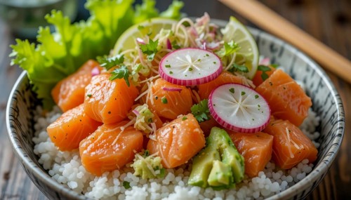 A close-up shot of a vibrant and delicious salmon poke bowl, filled with fresh ingredients, resting