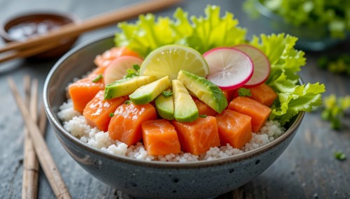 A close-up shot of a delicious salmon poke bowl with fresh avocado, radish, lime and lettuce,