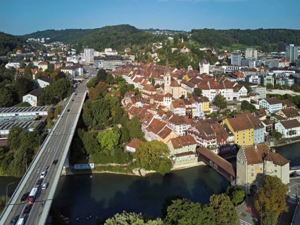 View of the old town with the parish church Maria Himmelfahrt, on the left the high bridge, behind