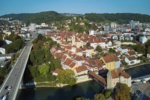 View of the old town with the parish church Maria Himmelfahrt, on the left the high bridge, behind