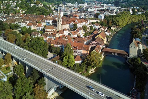 View of the old town with the high bridge in front, the old town and the covered wooden bridge with
