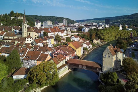 View of the old town with the parish church of Maria Himmelfahrt, in the background the ruins of