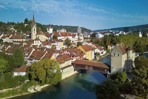 View of the old town with the parish church of Maria Himmelfahrt, in the background the ruins of