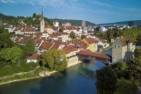View of the old town with the parish church of Maria Himmelfahrt, in the background the ruins of