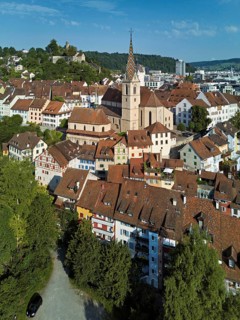 View of the old town with the parish church of Maria Himmelfahrt, behind the ruins of Stein Castle,
