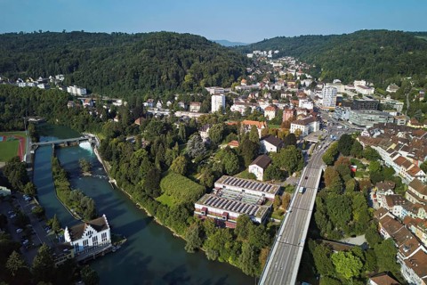 High bridge from above over the river Limmat, on the right the old town, Baden, Canton, Aargau,