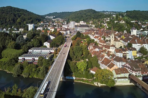 View of the old town with the parish church Maria Himmelfahrt, on the left the high bridge, behind