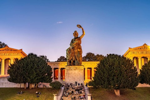 Ruhmeshalle and Bavaria Statue at dusk, Munich, Bavaria, Germany