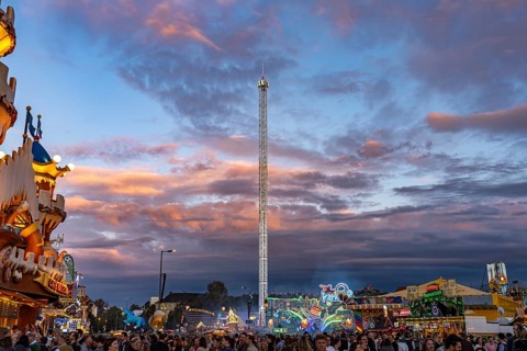 Oktoberfest 2024 at dusk, Munich, Bavaria, Germany