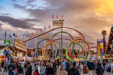Olympic looping roller coaster at the Oktoberfest 2024 in Munich, Bavaria, Germany