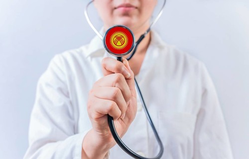 Female doctor holding stethoscope with Kyrgyzstan flag. National health system of Kyrgyzstan