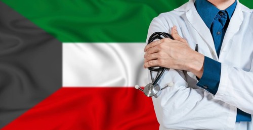 Doctor with stethoscope on Kuwait flag. Doctor holding stethoscope on Kuwait flag