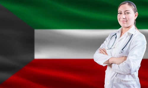 Female doctor on Kuwait flag. Doctor with crossed arms on Kuwait flag. Kuwait health and care