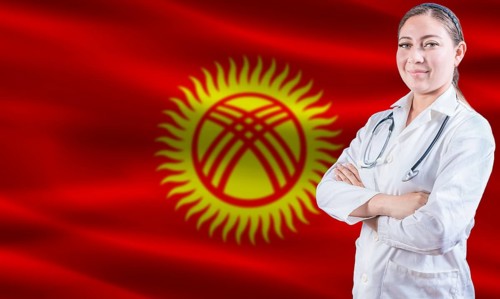 Female doctor on Kyrgyzstan flag. Doctor with crossed arms on Kyrgyzstan flag. Kyrgyzstan health
