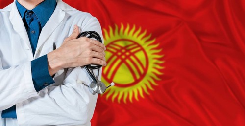 Doctor with stethoscope on Kyrgyzstan flag. Doctor holding stethoscope on Kyrgyzstan flag
