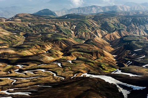Mountain landscape, sunny, summer, snowfields, volcanic landscape, aerial view, Landmannalaugar,