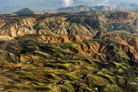 Mountain landscape, sunny, summer, volcanic landscape, aerial view, Landmannalaugar, Fjallabak